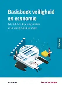 Blauw-wit basisboek veiligheid en economie met calculator en kantoorillustraties van koninklijke boom uitgevers voor algemene sociale wetenschappen