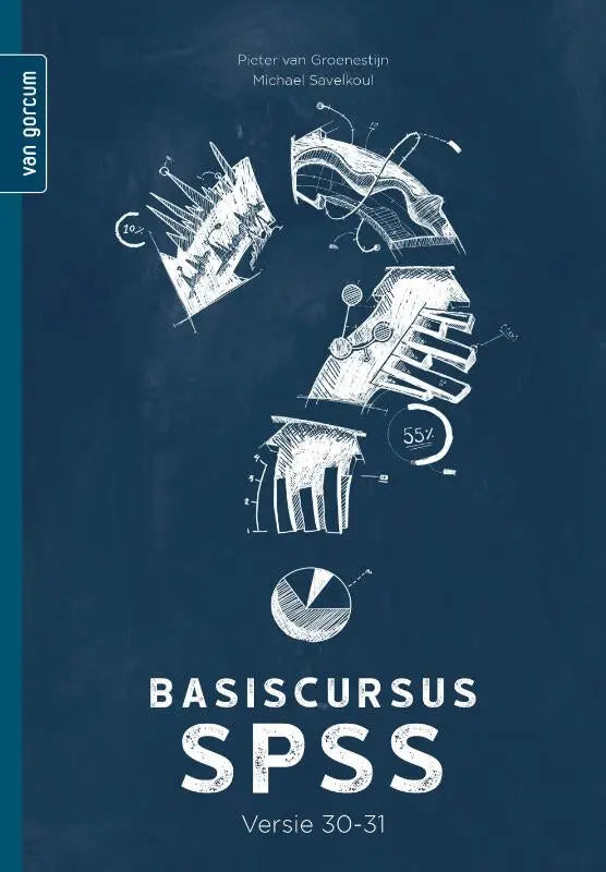 De basiscursus spss boek van michael savelkoul toont een donkerblauwe cover met witte statistiekillustraties binnen statistiek