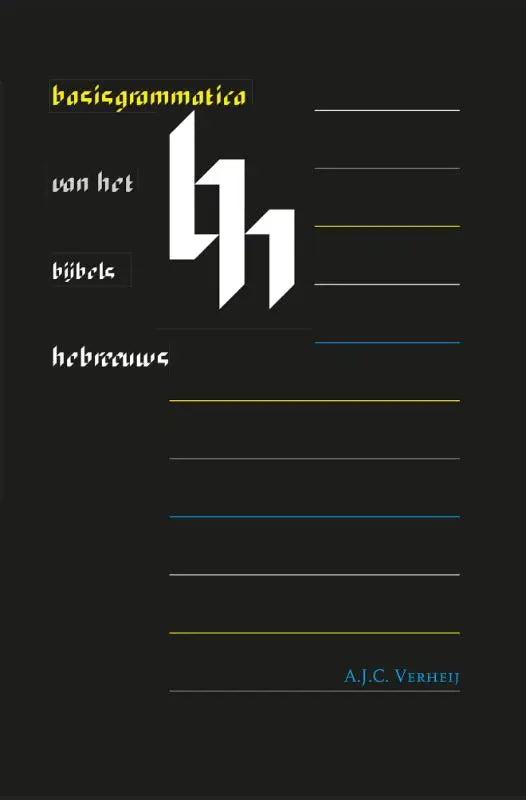 Zwart boekomslag van basisgrammatica van het bijbels hebreeuws met witte en gekleurde tekst en een gestileerd bh-logo