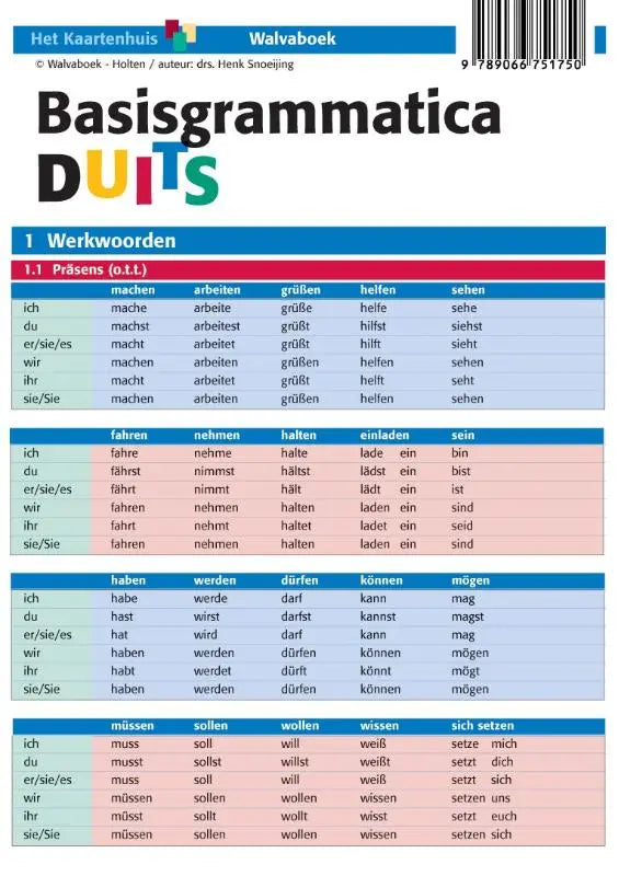 Blauw-wit dutch grammatica werkboek basisgrammatica duits met kleurrijke tabelkoppen voor werkwoordsvervoegingen