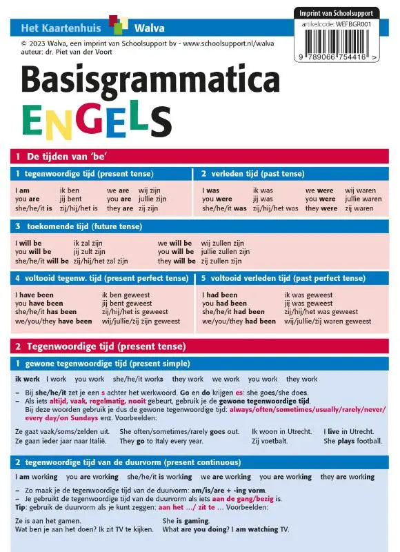 Dit is een basisgrammatica engels werkboek van walva met kleurrijke tabellen over werkwoordstijden zoals tegenwoordige en verleden tijd
