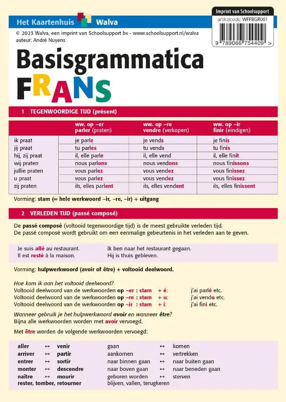 De cover van de basisgrammatica frans werkboek door walva met kleurrijke rode en blauwe letters op een witte achtergrond