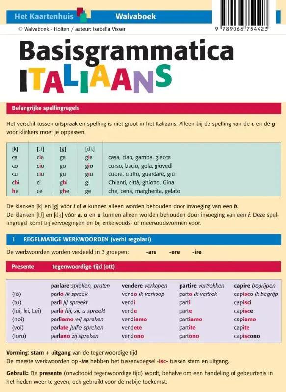 De achterkant van het basisgrammatica italiaans werkboek met kleurrijke tekst en een barcode zichtbaar