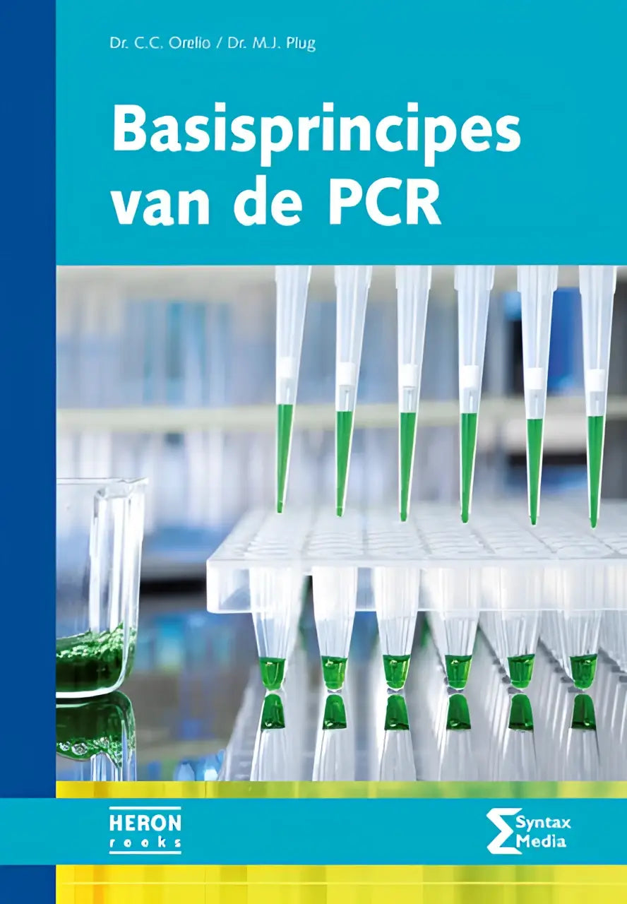 Het boek cover toont meerdere doorzichtige pipetten met groene vloeistof op een wit rek voor basisprincipes van de pcr