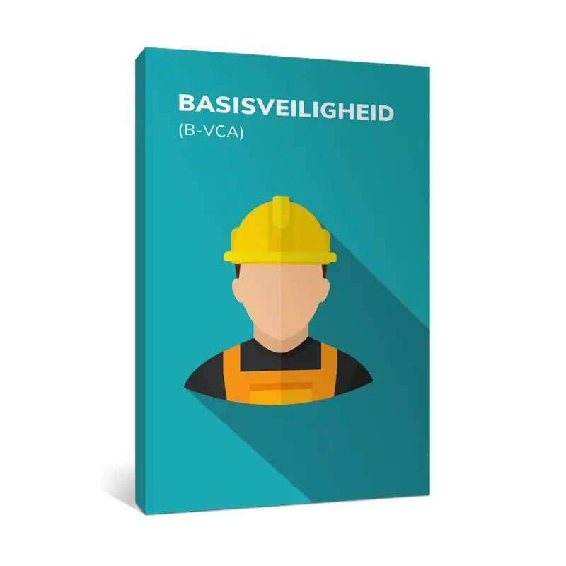 Teal gekleurde boekomslag met flat design illustratie van werknemer met gele helm en oranje veiligheidsvest basisveiligheid b-vca
