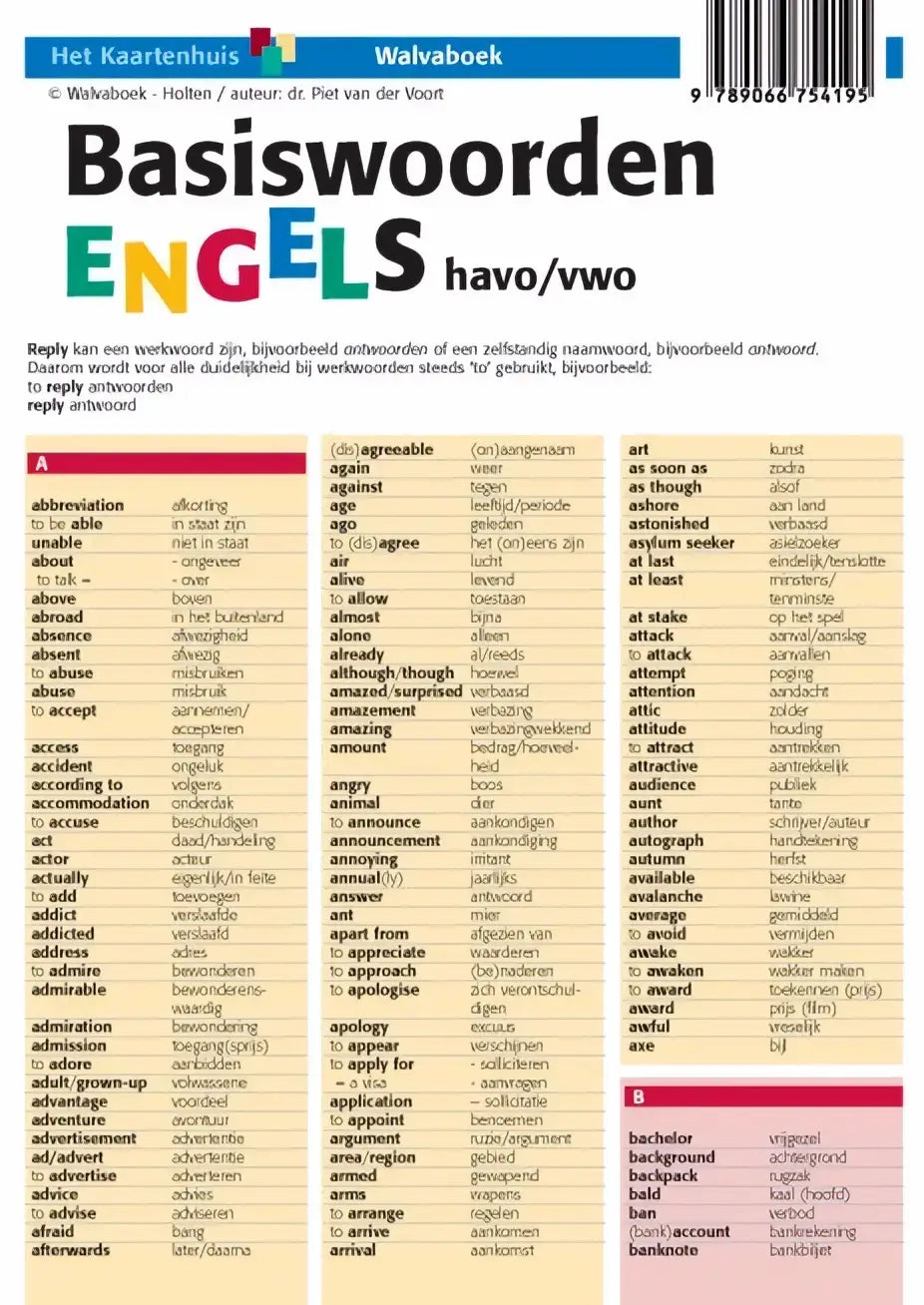 Dit is een educatieve uitgave algemeen basiswoorden engels havo vwo werkboek met kleurrijke alfabetische woordlijsten op de omslag