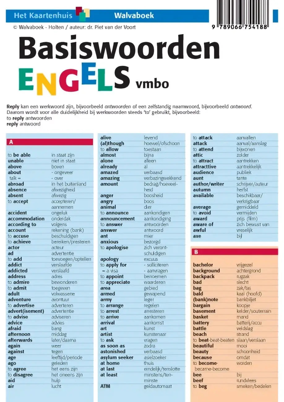 De achterkant van het woordenboek basiswoorden engels vmbo met kleurrijke, georganiseerde woordlijsten en vertalingen