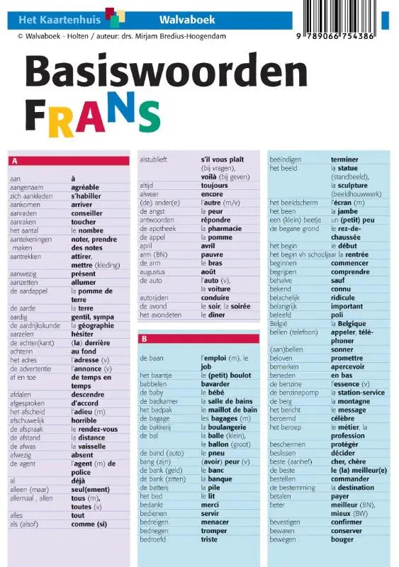 Basiswoorden frans beginnerswoordenboek met een blauwe omslag en kleurrijke letters voor taalverwerving