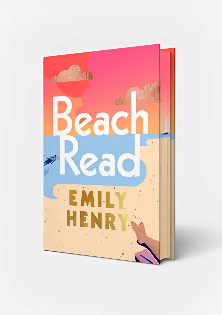 Speciale editie paperback beach read van emily henry met levendige roze oranje en blauwe strandillustratie en emotionele diepgang