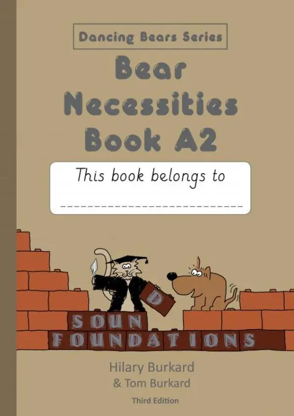 Beige kids english learning bear necessities book a2 from dancing bears series with cat dog cartoons on brick wall