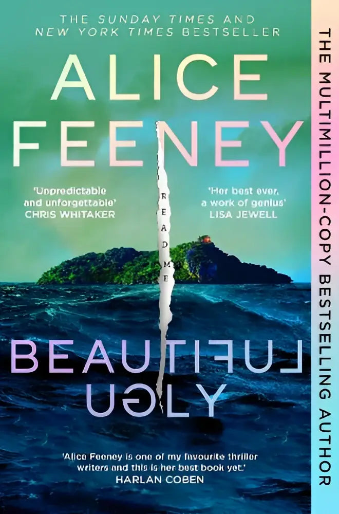 Het boek beautiful ugly van alice feeney toont een eiland in woelige oceaan op een teal naar blauwe achtergrond