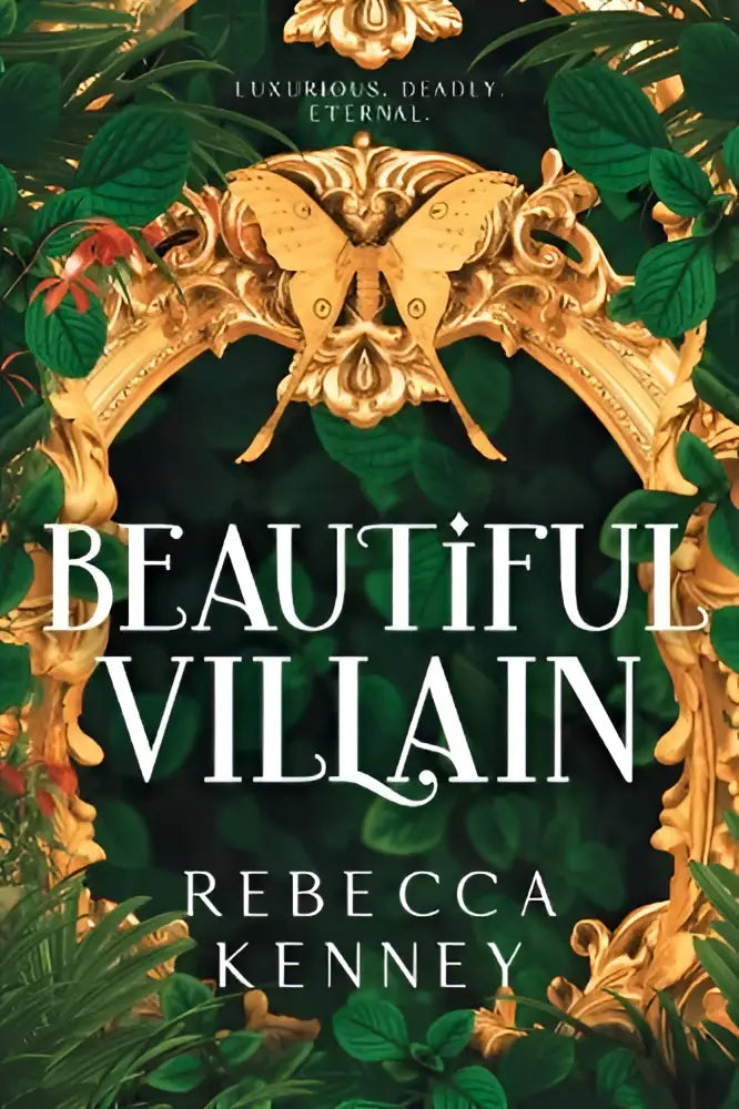 De boekomslag van beautiful villain door rebecca kenney met gouden ornamenten en groene bladeren achtergrond