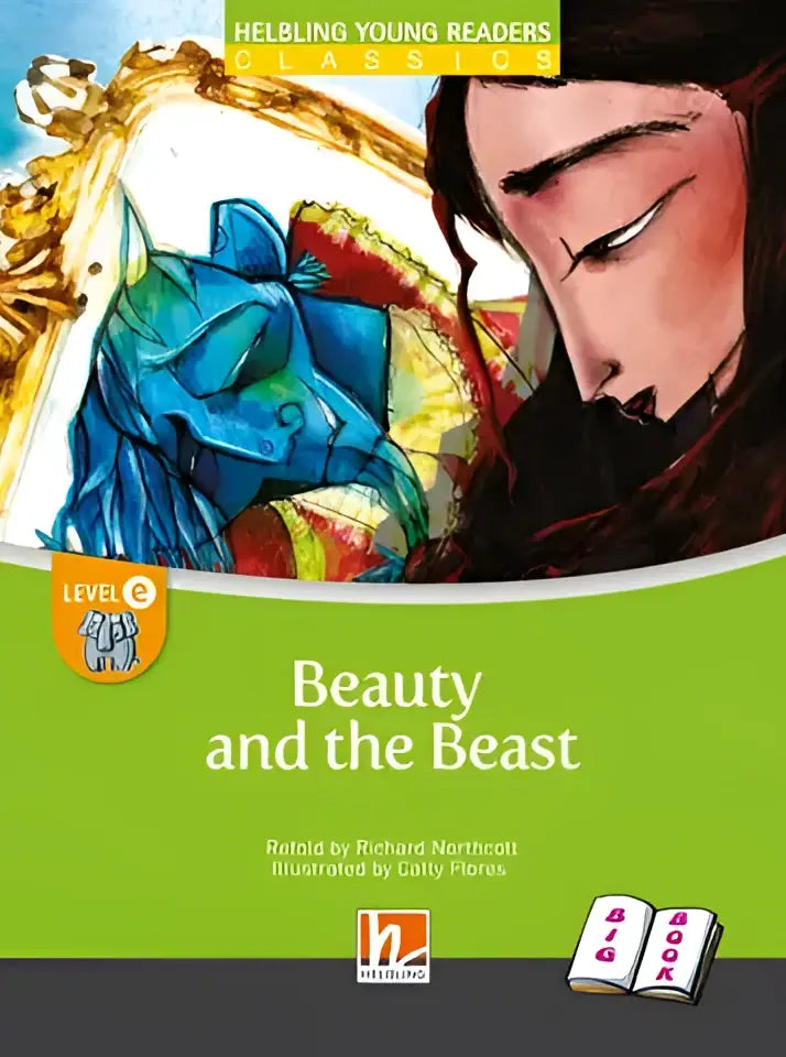 Groene boekcover Beauty and the Beast met slapende vrouw bij blauwe spiegel