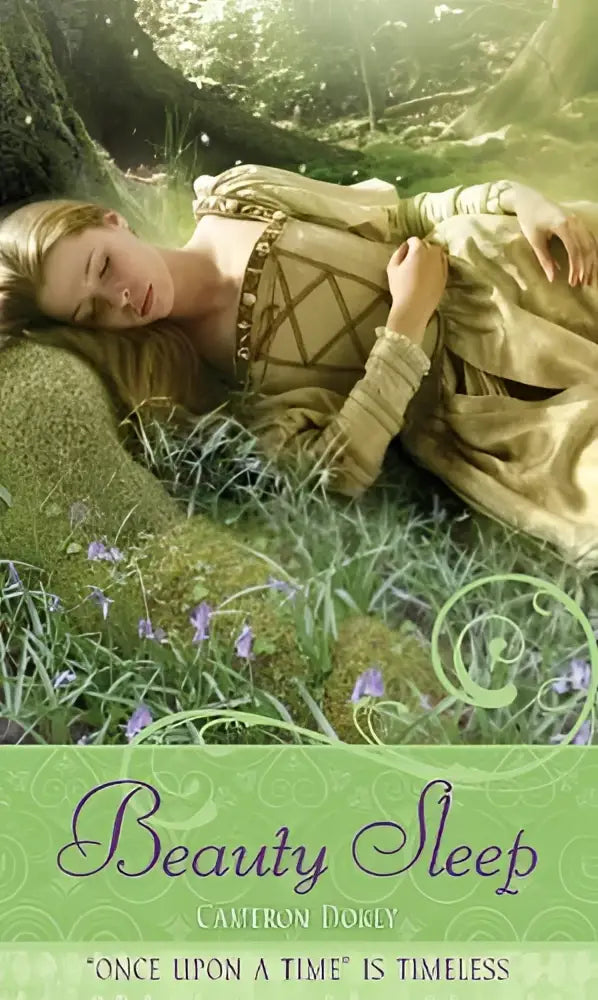 A woman in an earth-toned medieval gown with gold embroidery lies peacefully mossy ground beauty sleep sleeping beauty