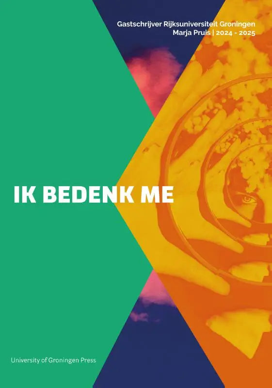 De voorkant van het boek Ik bedenk me toont gedurfde geometrische vormen in teal, oranje en marineblauw met een abstract gezicht