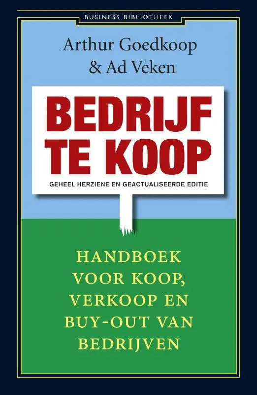 Boek cover bedrijf te koop met opvallende rode en groene tekst op lichtblauwe achtergrond voor business bibliotheek arthur goedkoop