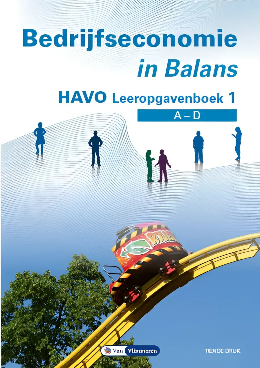 Blauwe en witte bedrijfseconomie in balans studieboek met rodelige, gele en zwarte achtbaanillustratie op cover
