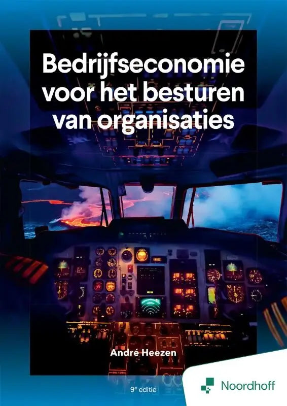 Boek cover bedrijfseconomie voor het besturen van organisaties met donkerblauw zwart cockpit interieur en gloeiende instrumentenpanelen