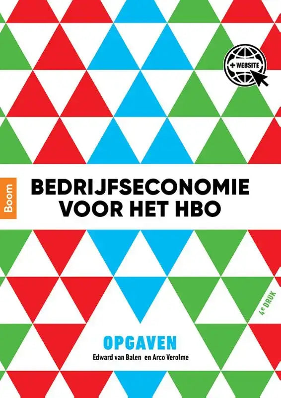 De boekcover van bedrijfseconomie voor het hbo opgaven door arco verolme toont een kleurrijk geometrisch patroon met rode blauwe en groene driehoeken