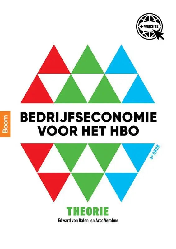 De cover van het boek bedrijfseconomie voor het hbo theorie toont een geometrisch ontwerp met rode, groene en blauwe driehoeken