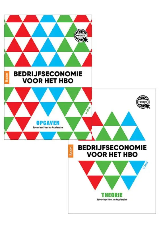 Twee bedrijfseconomie voor het hbo boeken met witte kaften en kleurrijke driehoekige patronen in rood blauw en groen