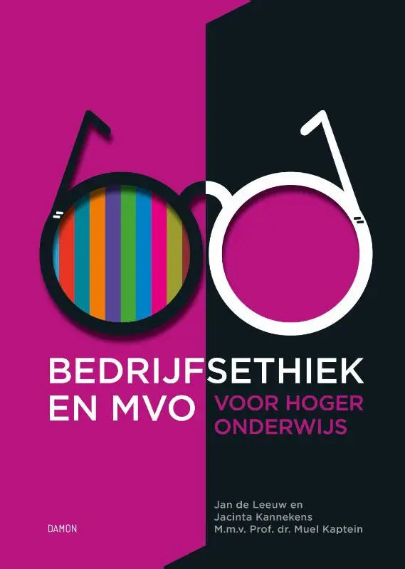 Boekcover bedrijfsethiek en mvo voor hoger onderwijs met moderne glazen en roze zwarte achtergrond uitgeverij damon vof