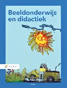 Het boek beeldonderwijs en didactiek door bas schasfoort toont een gele zon met stralen en zwarte tekst voor onderwijs algemeen