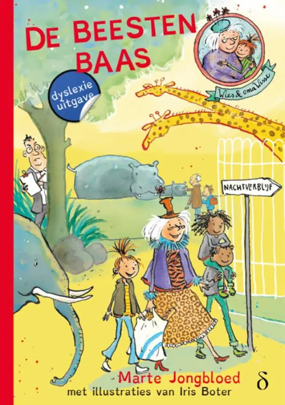 Vrolijke kinderboekenkaft met fantasierijk zoo-thema en cartoon dieren voor de beestenbaas van marte jongbloed