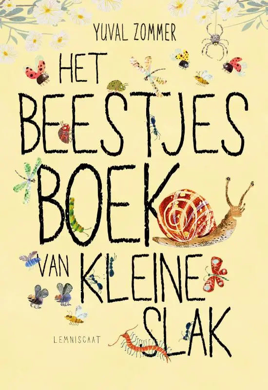 De boekcover van het beestjesboek van kleine slak toont een speelse slak met een rood geel gestreept schild op een lichte achtergrond ideaal voor jonge lezers