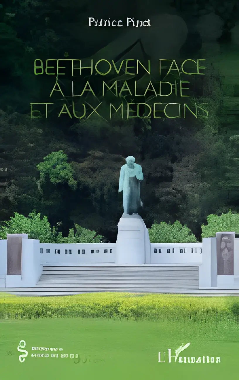Een groen gepatineerd bronzen beeld van beethoven face à la maladie et aux médecins op een witte stenen sokkel nabij groen gras en bomen