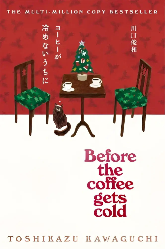 Een gezellige geïllustreerde boekcover van before the coffee gets cold met een kerstboom en twee koffiekopjes op een houten tafel