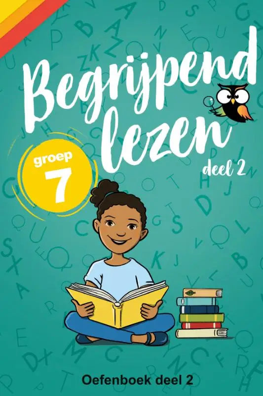 Teal-colored workbook cover of begrijpend lezen groep 7 oefenboek deel 2 with cartoon girl reading a yellow book