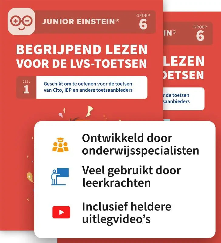 Rood junior einstein workbook voor groep 6 met begrijpend lezen oefeningen inclusief uitlegvideo’s voor andere toetsaanbieders
