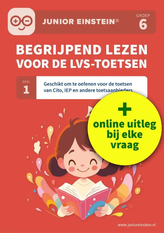 Rood workbook junior einstein groep 6 begrijpend lezen met cartoonmeisje inclusief uitlegvideo’s voor andere toetsaanbieders