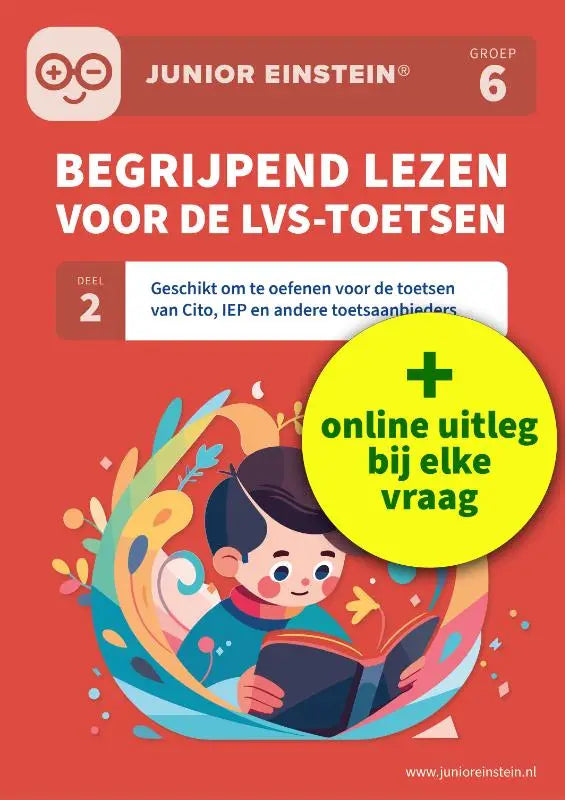Junior einstein groep 6 werkboek cover met cartoonjongen leesend en kleurrijke patronen voor begrijpend lezen en andere toetsaanbieders