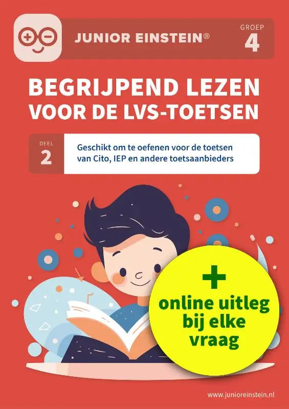 Rood omslagwerkboek junior einstein groep 4 met cartoonkind lezen blauw wit accent voor begrijpend lezen toetsen andere toetsaanbieders