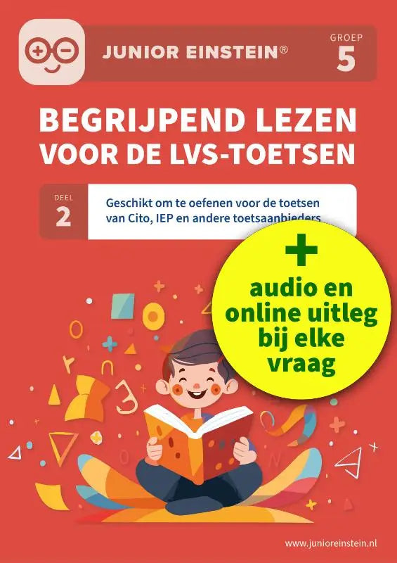 Junior einstein groep 5 workbook met rode kaft toont cartoonkind lezen en kleurrijke symbolen voor begrijpend lezen en andere toetsaanbieders