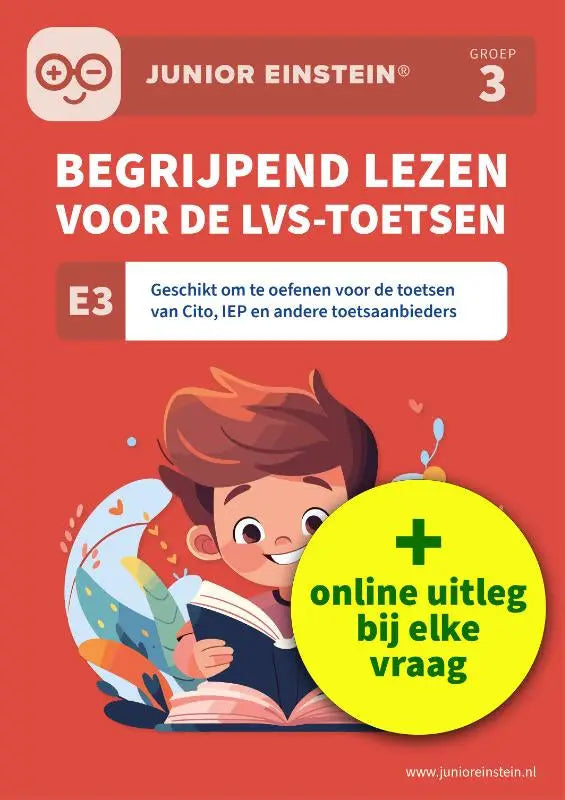 Junior einstein groep 3 workbook met cartoon jongen lezen op rode omslag inclusief uitlegvideo’s voor begrijpend lezen toetsen van cito en andere toetsaanbieders