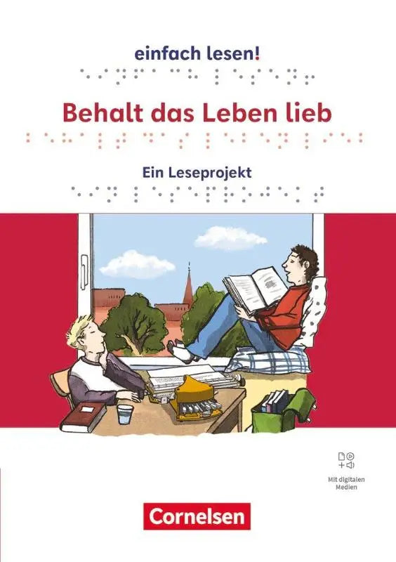 Het boek behalt das leben lieb heeft een rood-wit omslag met zwarte titel en braille tekst boven en onder