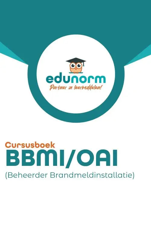 Teal en witte cursusboekcover voor beheerder brandmeldinstallaties bbmi door edunorm geschikt voor opleiding