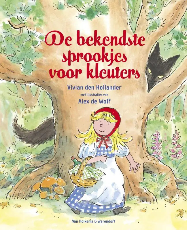 Kinderboek cover met een cartoon van roodkapje in wit met blauwe schort en de bekende zwarte wolf achter een boom voor jonge lezers