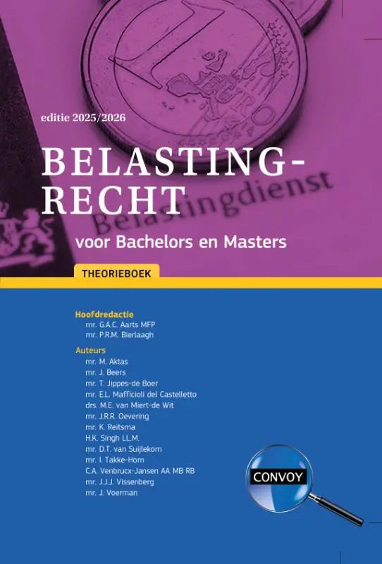 Paarsblauwe textbook cover met euro munt ontwerp en titel belastingrecht voor bachelors en masters van convoy uitgevers voor fiscaal recht