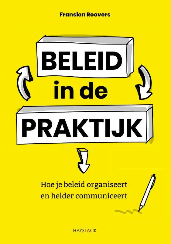 Helder geel boekcover van beleid in de praktijk door fransien roovers met zwarte tekst en gestileerde penillustratie