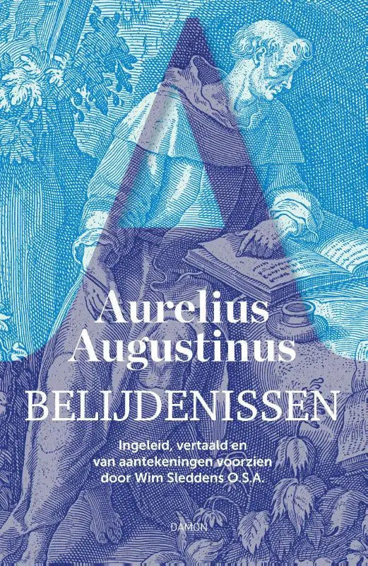 Blauwe en paarse illustratie boekomslag met klassieke figuur lezend voor aurelius augustinus belijdenissen van uitgeverij damion