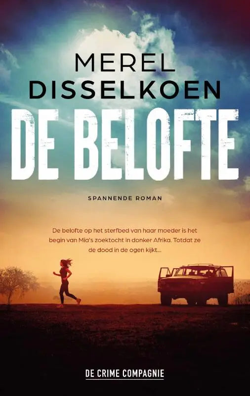 De cover van het boek de belofte door merel disselkoen met witte letters tegen een dramatische lucht achtergrond