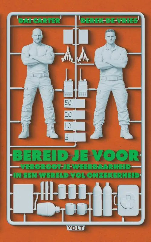 De boekcover toont een wit plastic modelbouwsetontwerp met twee figuren en uitrustingsstukken tegen een oranje achtergrond voor vergroot weerbaarheid in de wereld