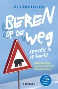 A set of three blue triangular road signs with black and white animal symbols and the text beren de weg in the book beren op de weg by coen dirkx and theo ijzermans uitgeverij thema