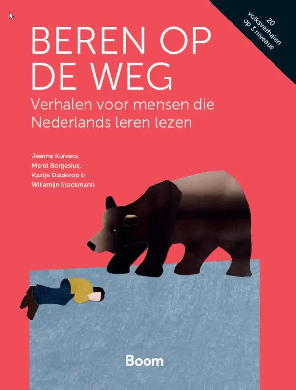A stylized black bear illustration on a vibrant red cover of beren op de weg for nederlands leren lezen