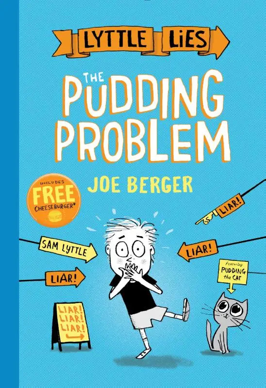 Cover van pudding problem door joe berger met cartoon jongen en kat op blauwe achtergrond met gele tekst