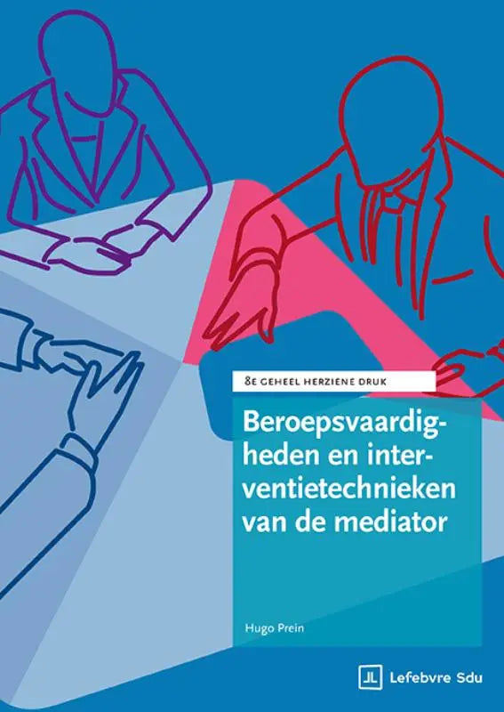 Blauwe en roze lijntekening van twee figuren in pakken op de omslag van beroepsvaardigheden en interventietechnieken van de mediator